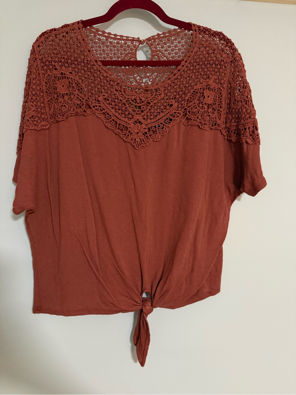 Daytrip Crochet Yoke Tie-Front Tunic in Rust